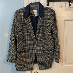 Classic Women's Navy and Gray Checkered Blazer Susan Graver NWOT